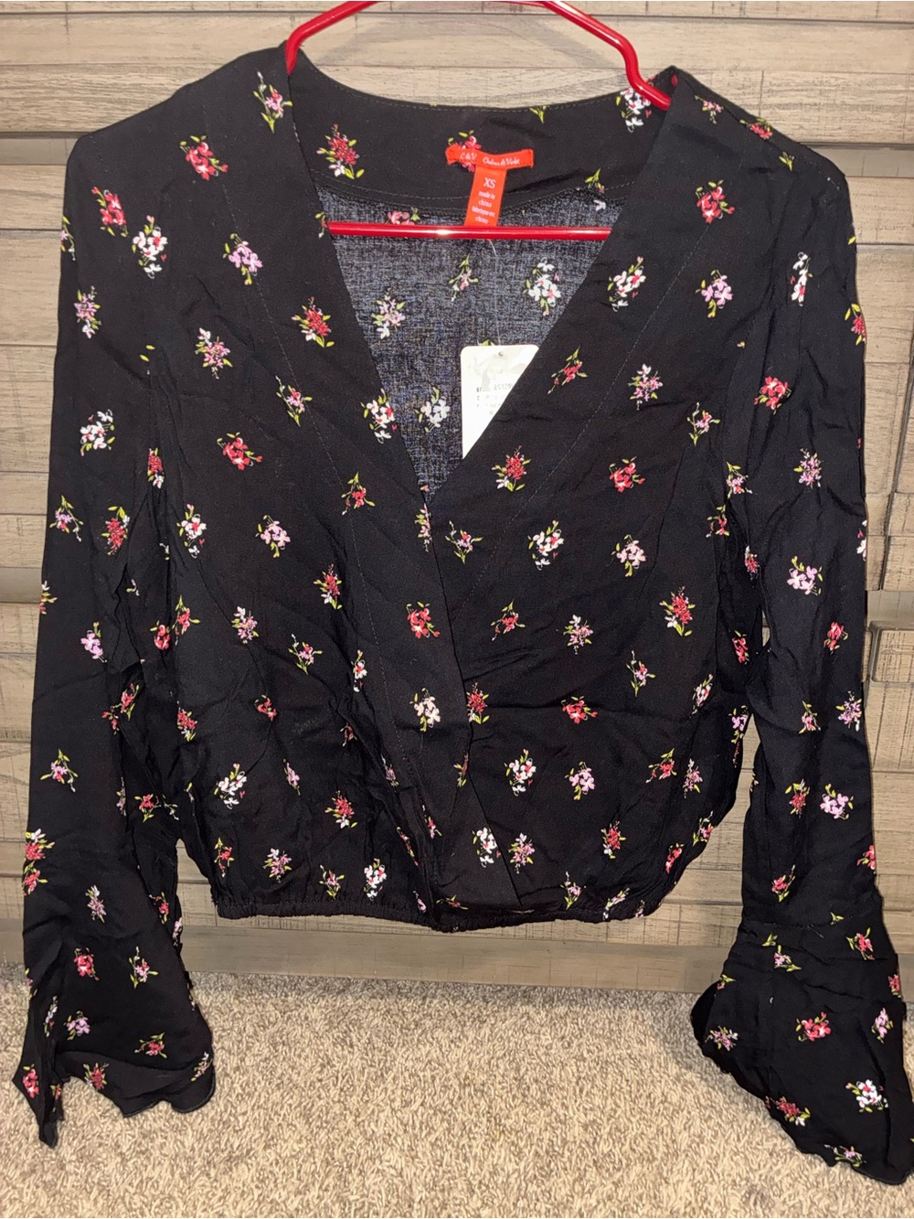 Chelsea & Violet Black Floral Wrap-Front Long Sleeve Blouse